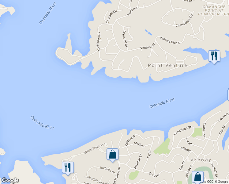 map of restaurants, bars, coffee shops, grocery stores, and more near 18707 Lakeland Drive in Lago Vista