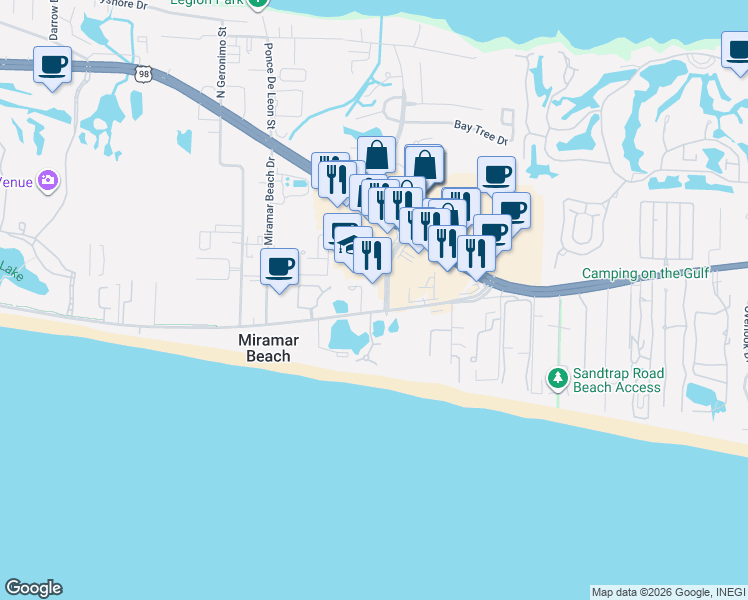 map of restaurants, bars, coffee shops, grocery stores, and more near 140 Poinciana Boulevard in Miramar Beach