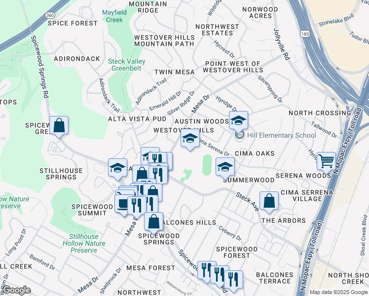 map of restaurants, bars, coffee shops, grocery stores, and more near 8403 Mesa Drive in Austin