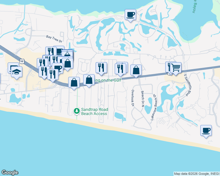 map of restaurants, bars, coffee shops, grocery stores, and more near 2 Rue Martine in Miramar Beach