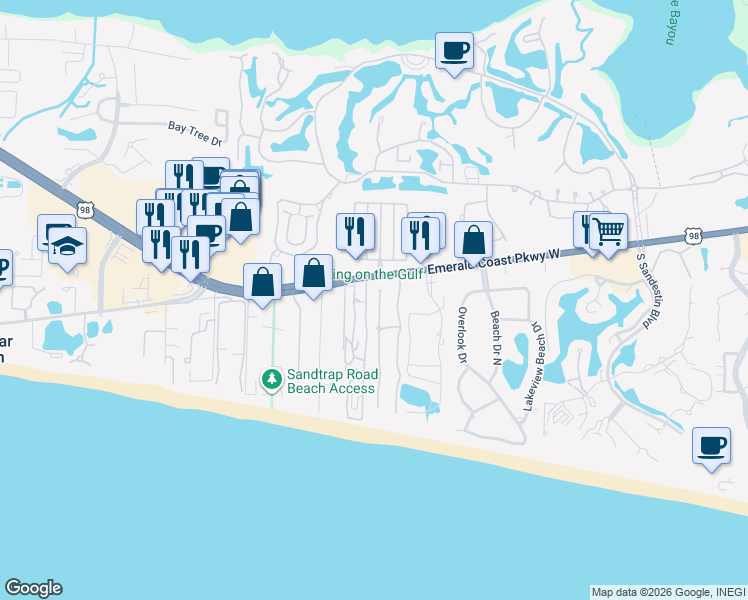 map of restaurants, bars, coffee shops, grocery stores, and more near 2 Rue Martine in Miramar Beach