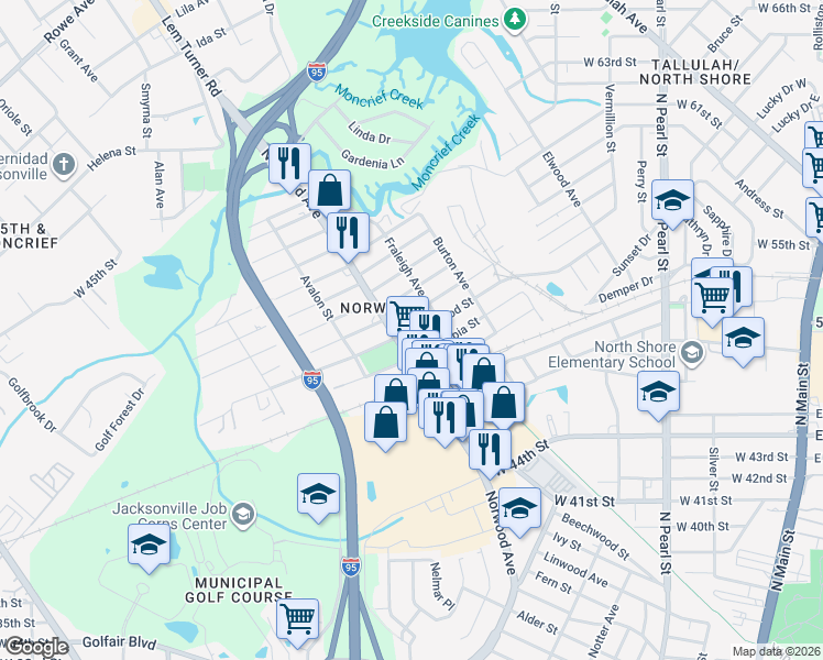 map of restaurants, bars, coffee shops, grocery stores, and more near 821 Crestwood Street in Jacksonville