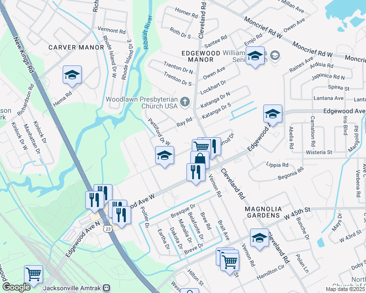 map of restaurants, bars, coffee shops, grocery stores, and more near 6136 Leontyne Price Court in Jacksonville