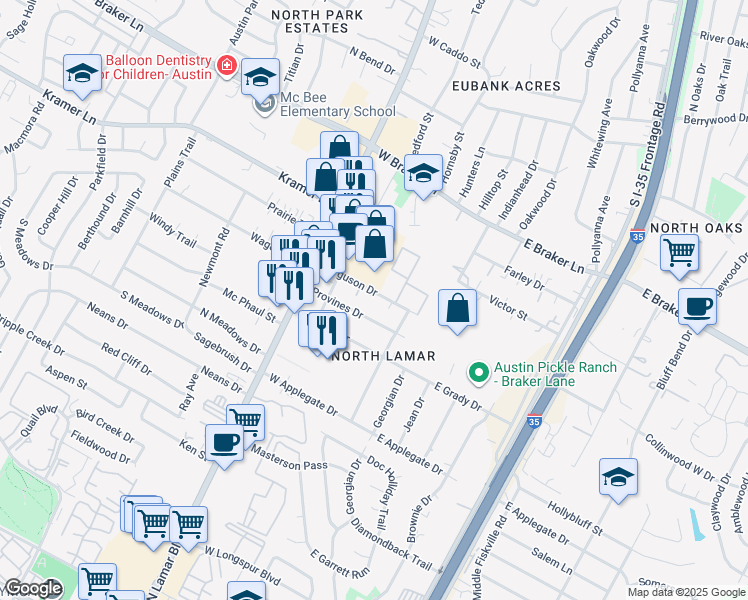 map of restaurants, bars, coffee shops, grocery stores, and more near 307 Ferguson Drive in Austin