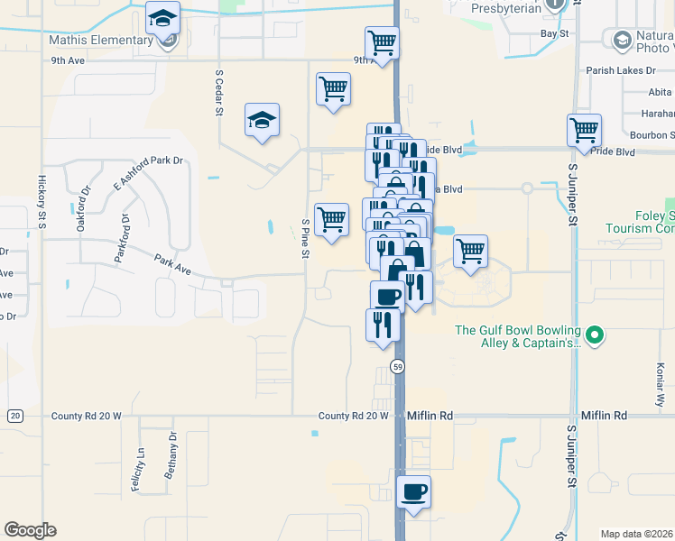 map of restaurants, bars, coffee shops, grocery stores, and more near 10389 Alabama 59 in Foley