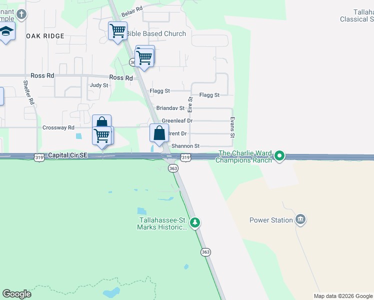 map of restaurants, bars, coffee shops, grocery stores, and more near 725 Shannon Street in Tallahassee