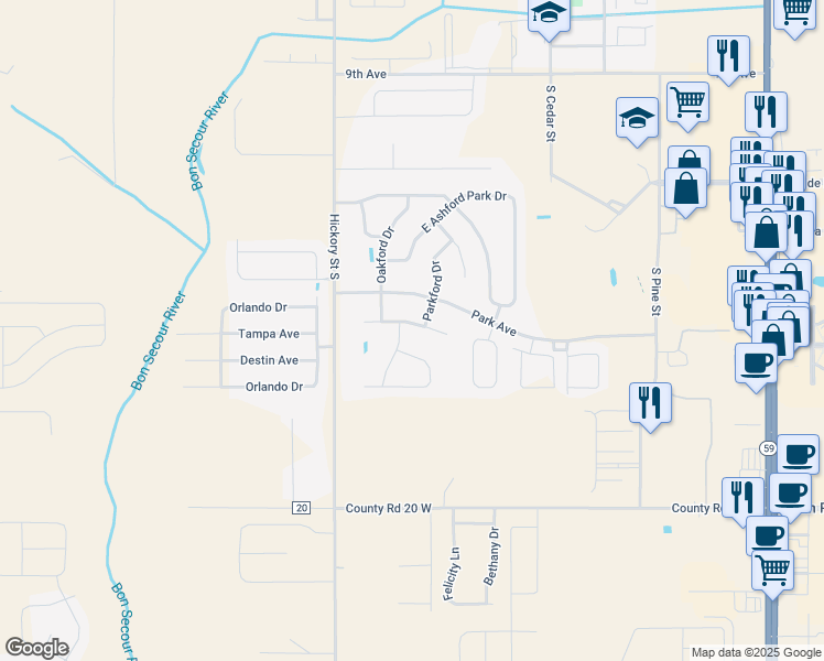 map of restaurants, bars, coffee shops, grocery stores, and more near 570 Vestige Mews in Foley
