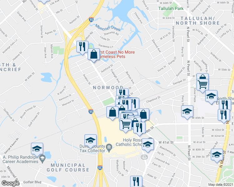 map of restaurants, bars, coffee shops, grocery stores, and more near 821 Crestwood Street in Jacksonville