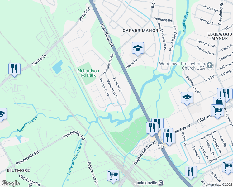 map of restaurants, bars, coffee shops, grocery stores, and more near 6526 Manhattan Drive in Jacksonville
