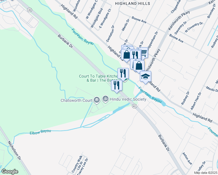 map of restaurants, bars, coffee shops, grocery stores, and more near 7300 Burbank Drive in Baton Rouge
