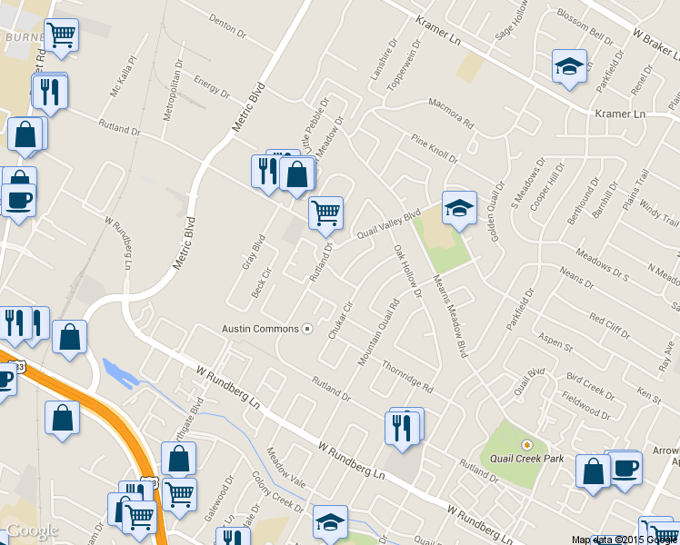 map of restaurants, bars, coffee shops, grocery stores, and more near 1710 Ledgewood Drive in Austin