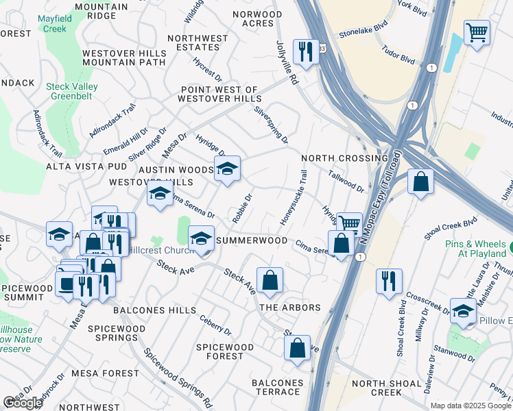 map of restaurants, bars, coffee shops, grocery stores, and more near 8602A Cima Oak Lane in Austin