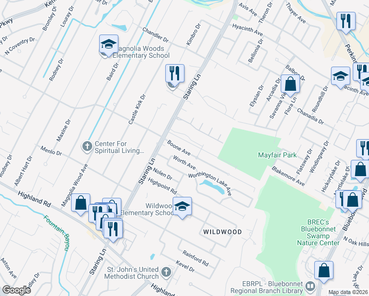 map of restaurants, bars, coffee shops, grocery stores, and more near 9013 Boone Avenue in Baton Rouge