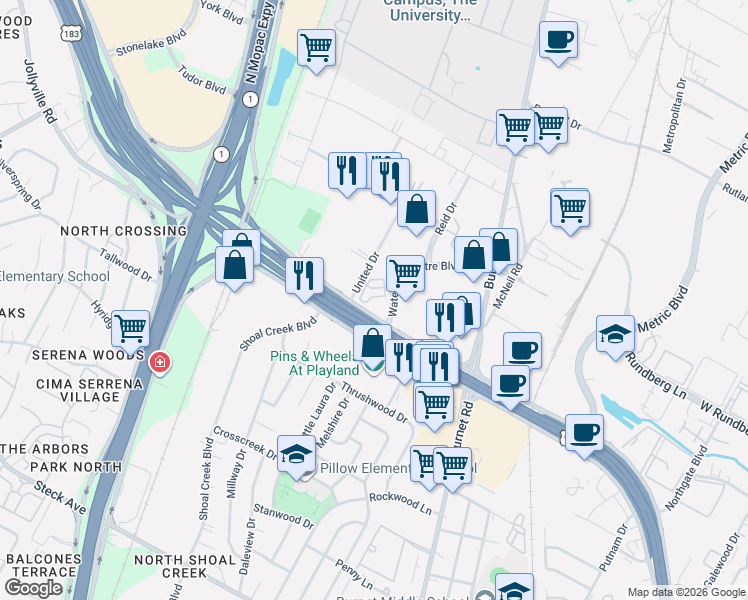 map of restaurants, bars, coffee shops, grocery stores, and more near 300 Research Boulevard in Austin