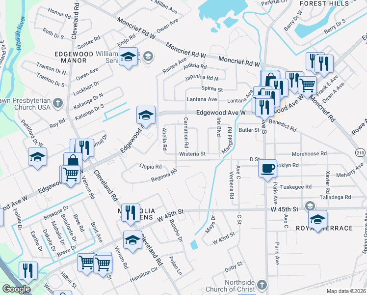 map of restaurants, bars, coffee shops, grocery stores, and more near 5753 Begonia Road in Jacksonville