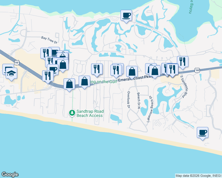 map of restaurants, bars, coffee shops, grocery stores, and more near 9815 Emerald Coast Parkway West in Miramar Beach