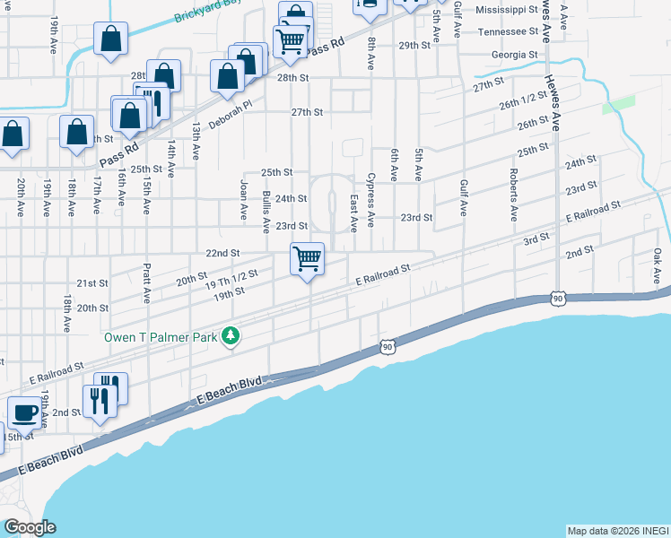 map of restaurants, bars, coffee shops, grocery stores, and more near 1902 Kelly Avenue in Gulfport
