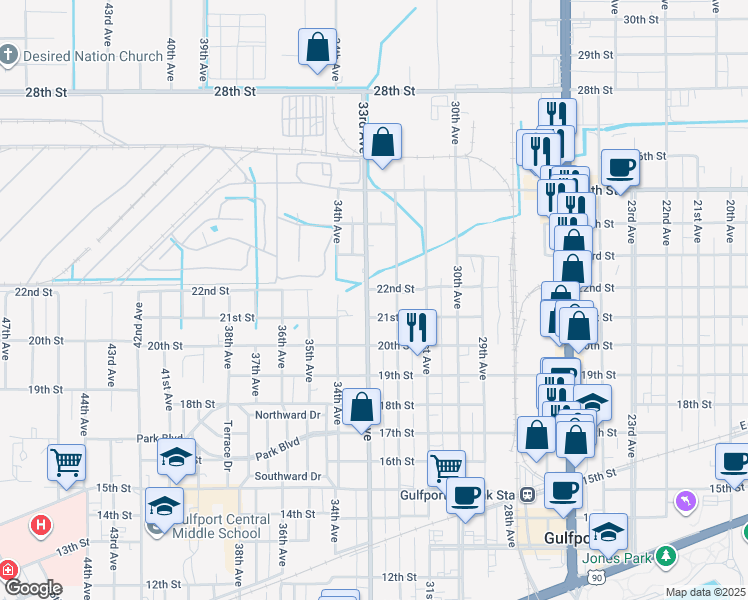 map of restaurants, bars, coffee shops, grocery stores, and more near 2114 33rd Avenue in Gulfport