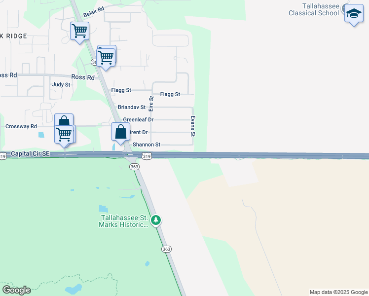 map of restaurants, bars, coffee shops, grocery stores, and more near 823 Shannon Street in Tallahassee
