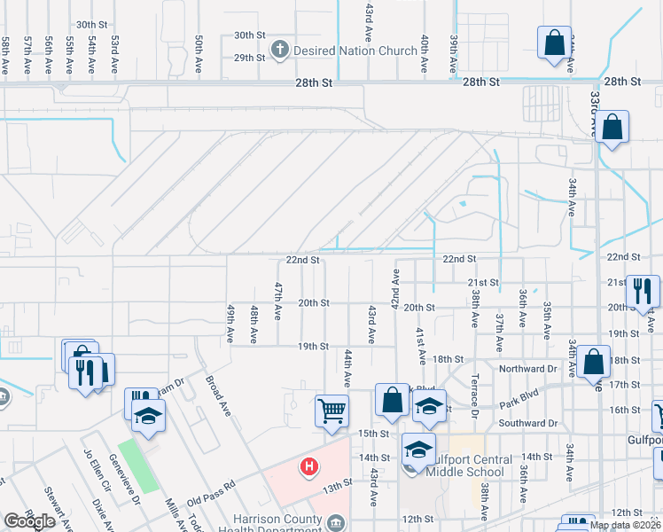 map of restaurants, bars, coffee shops, grocery stores, and more near 2034 45th Avenue in Gulfport