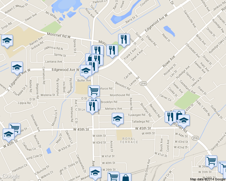 map of restaurants, bars, coffee shops, grocery stores, and more near 2102 Wilberforce Rd in Jacksonville