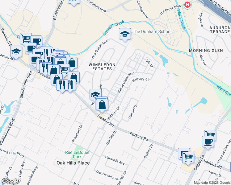map of restaurants, bars, coffee shops, grocery stores, and more near 7922 Willow Grove Boulevard in Baton Rouge