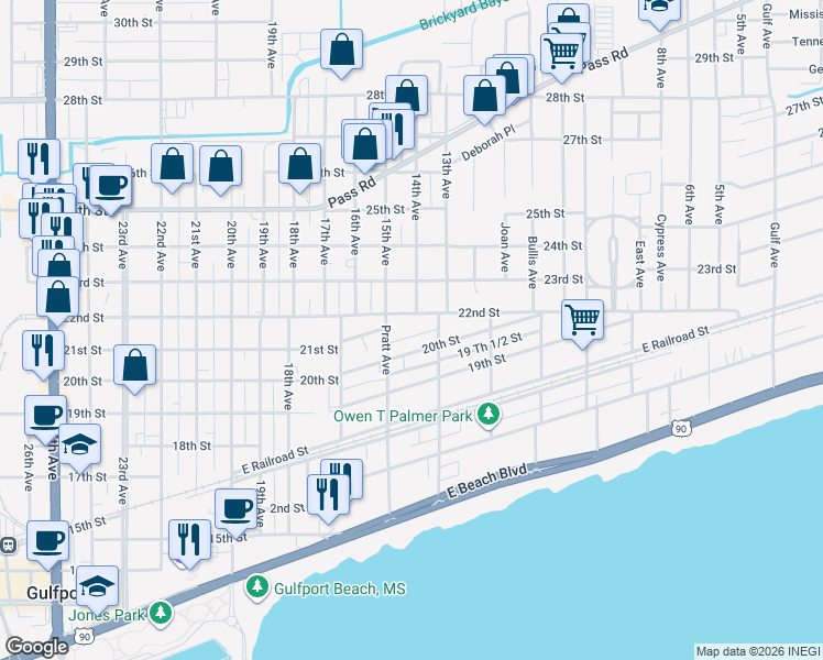 map of restaurants, bars, coffee shops, grocery stores, and more near 1525 21st Street in Gulfport