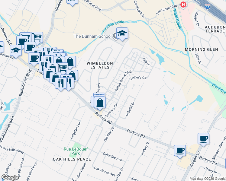 map of restaurants, bars, coffee shops, grocery stores, and more near 7922 Willow Grove Boulevard in Baton Rouge