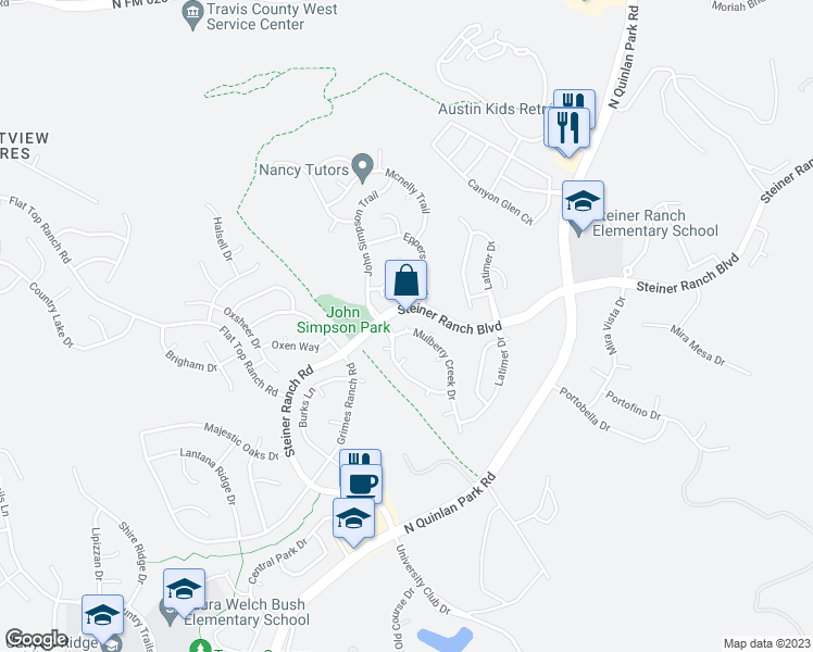 map of restaurants, bars, coffee shops, grocery stores, and more near 3550 Refugio Court in Austin