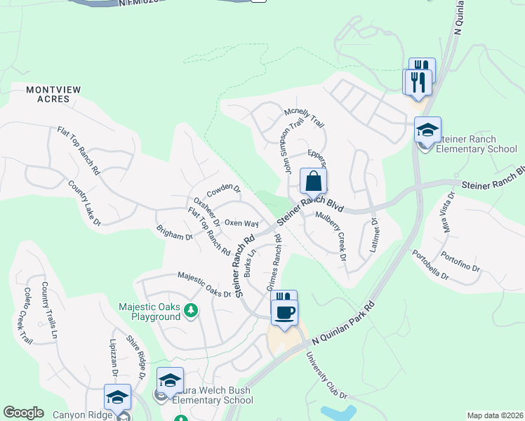 map of restaurants, bars, coffee shops, grocery stores, and more near 3421 Grimes Ranch Road in Austin