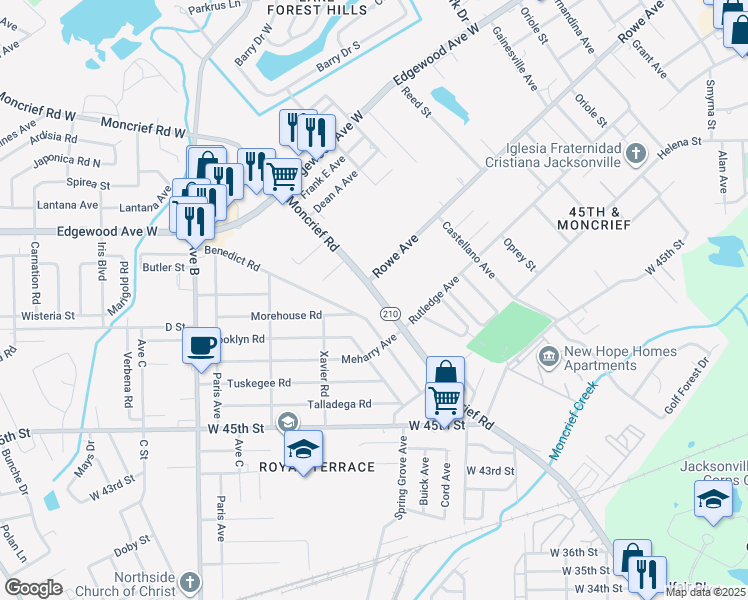 map of restaurants, bars, coffee shops, grocery stores, and more near 5758 Moncrief Road in Jacksonville