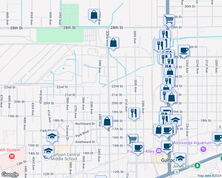map of restaurants, bars, coffee shops, grocery stores, and more near 2114 33rd Avenue in Gulfport