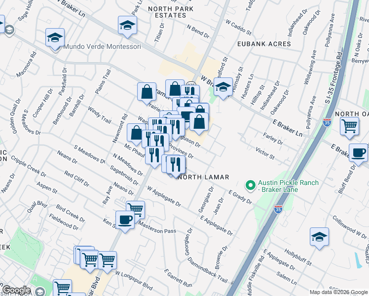 map of restaurants, bars, coffee shops, grocery stores, and more near 604 Provines Drive in Austin