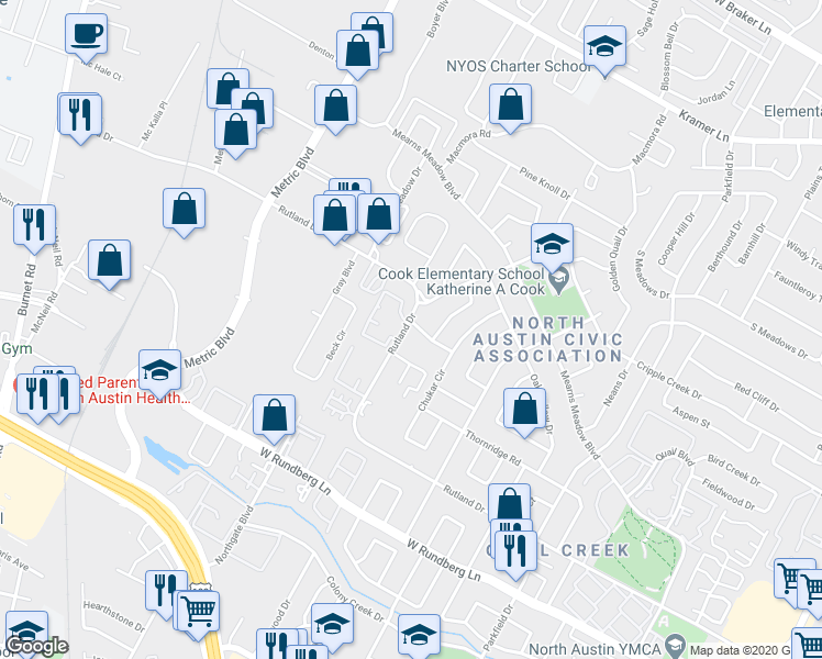 map of restaurants, bars, coffee shops, grocery stores, and more near 1710 Ledgewood Drive in Austin