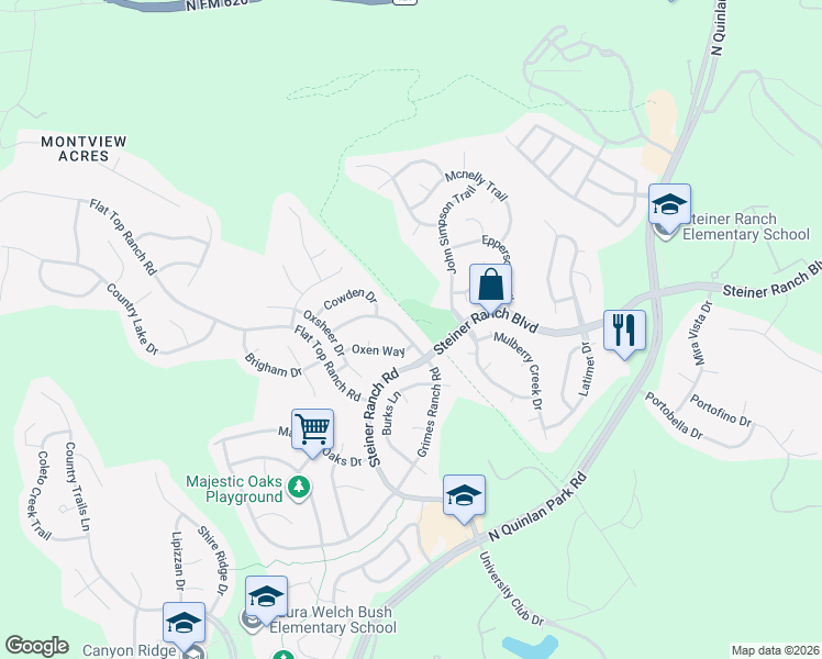 map of restaurants, bars, coffee shops, grocery stores, and more near 3421 Grimes Ranch Road in Austin