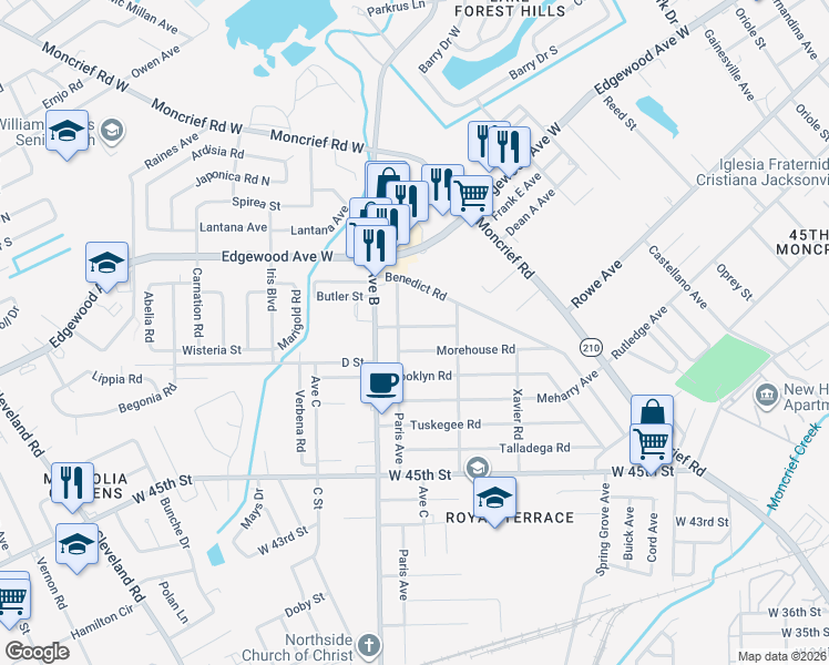 map of restaurants, bars, coffee shops, grocery stores, and more near 2164 Wilberforce Road in Jacksonville