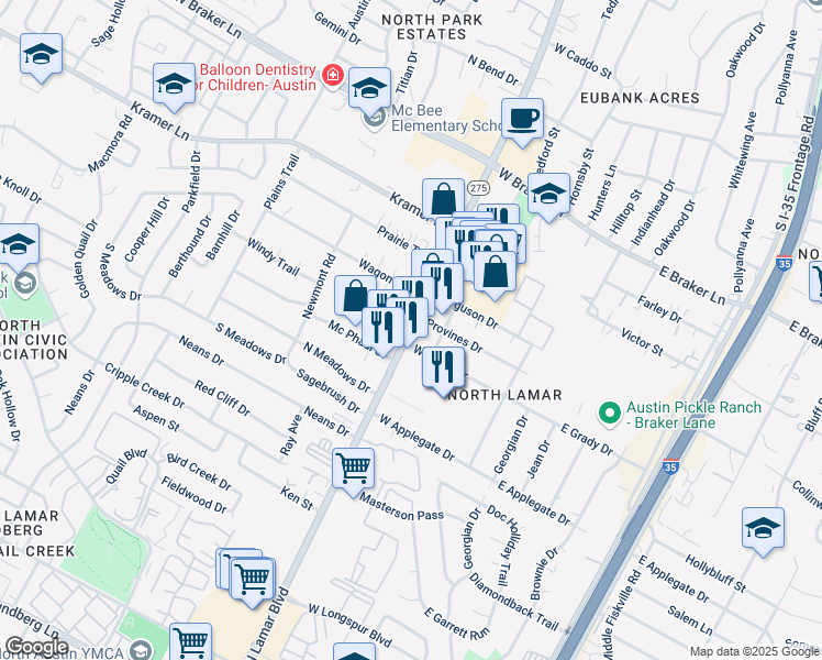 map of restaurants, bars, coffee shops, grocery stores, and more near 10798 Highway 275 Loop in Austin