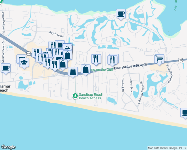 map of restaurants, bars, coffee shops, grocery stores, and more near 169-179 Casting Lake Road in Miramar Beach
