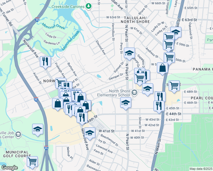 map of restaurants, bars, coffee shops, grocery stores, and more near 545 Chestnut Drive in Jacksonville