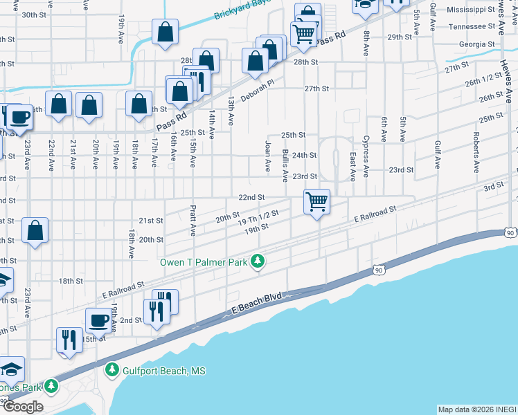 map of restaurants, bars, coffee shops, grocery stores, and more near 2001 Henderson Avenue in Gulfport