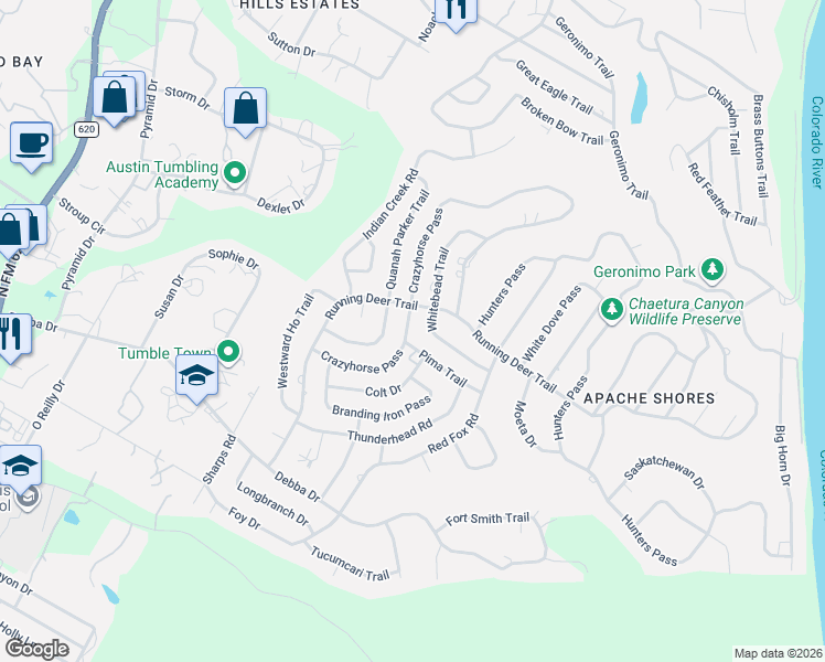map of restaurants, bars, coffee shops, grocery stores, and more near 1903 Crazyhorse Pass in Austin