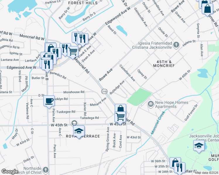 map of restaurants, bars, coffee shops, grocery stores, and more near 5713 Moncrief Road in Jacksonville