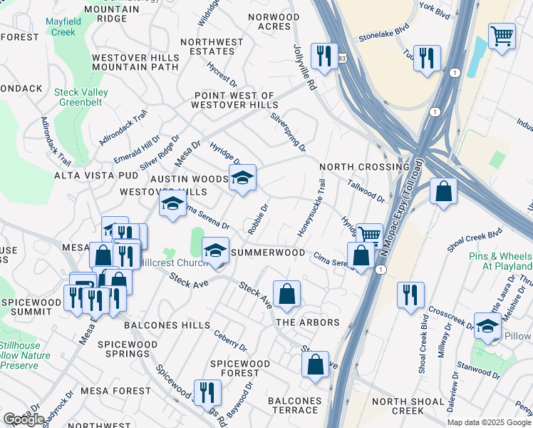 map of restaurants, bars, coffee shops, grocery stores, and more near 8602A Cima Oak Lane in Austin