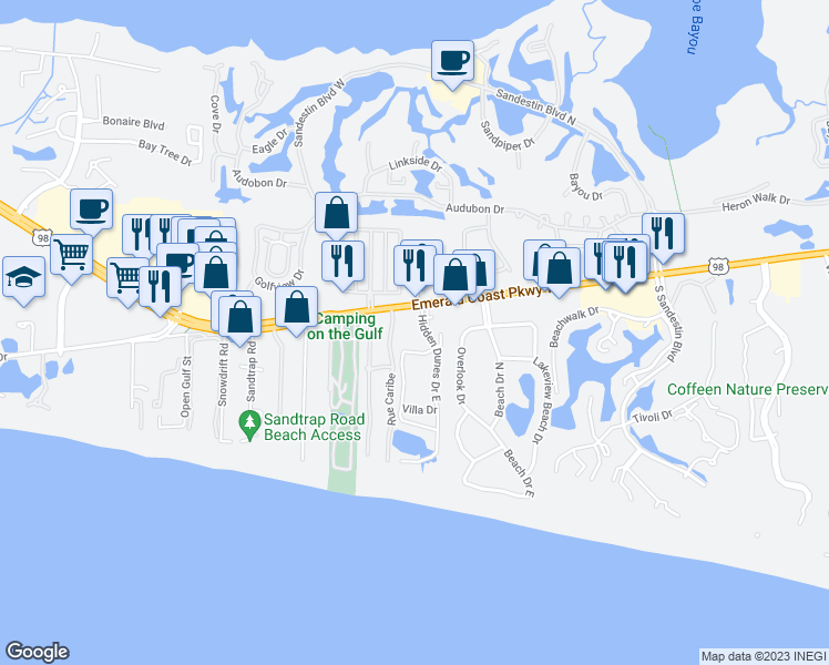 map of restaurants, bars, coffee shops, grocery stores, and more near 9815 Emerald Coast Parkway West in Miramar Beach