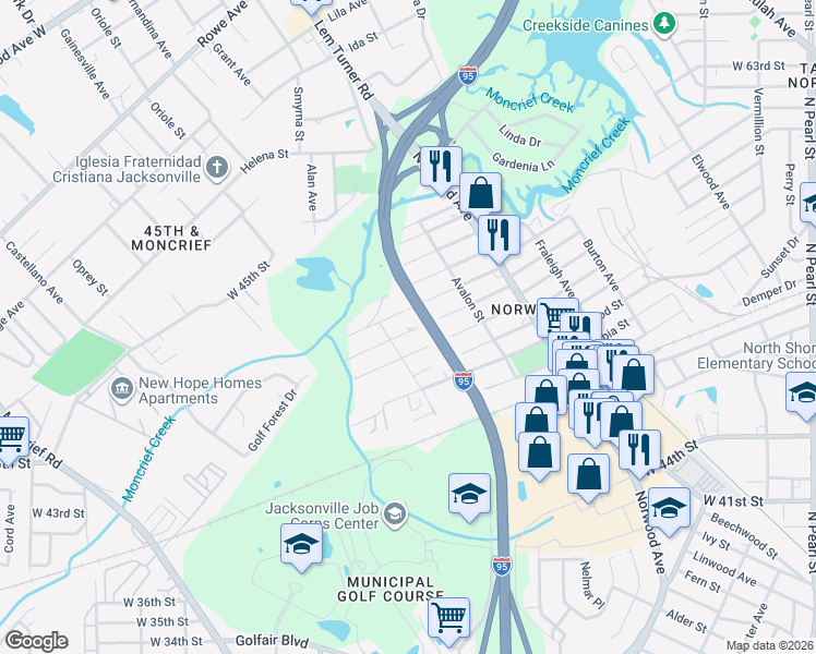 map of restaurants, bars, coffee shops, grocery stores, and more near 1141 Kenmore Street in Jacksonville