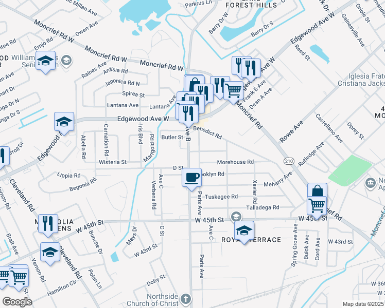 map of restaurants, bars, coffee shops, grocery stores, and more near 5739 Avenue B in Jacksonville