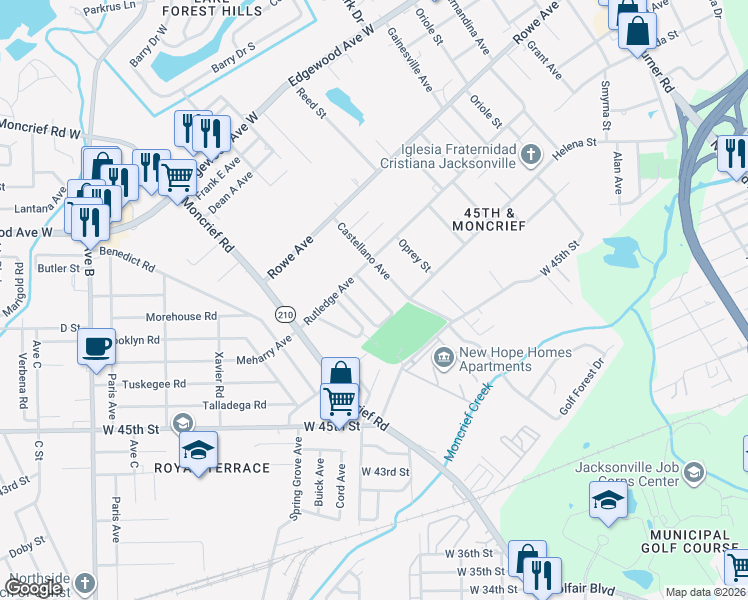 map of restaurants, bars, coffee shops, grocery stores, and more near 5752 Teeler Avenue in Jacksonville