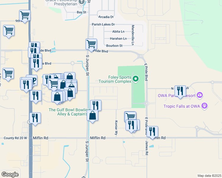 map of restaurants, bars, coffee shops, grocery stores, and more near 2651 South Juniper Street in Foley