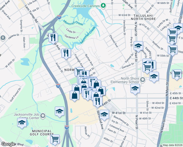 map of restaurants, bars, coffee shops, grocery stores, and more near 739 Escambia Street in Jacksonville