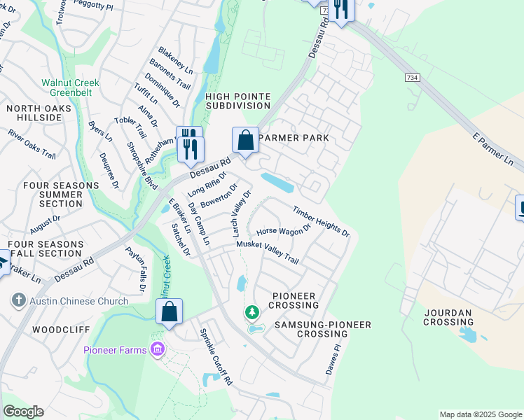 map of restaurants, bars, coffee shops, grocery stores, and more near 11537 Timber Heights Drive in Austin
